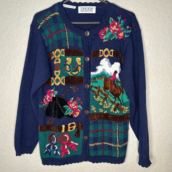 Jantzen Sweaters - Vintage equestrian themed hand embroidered navy cotton cardigan